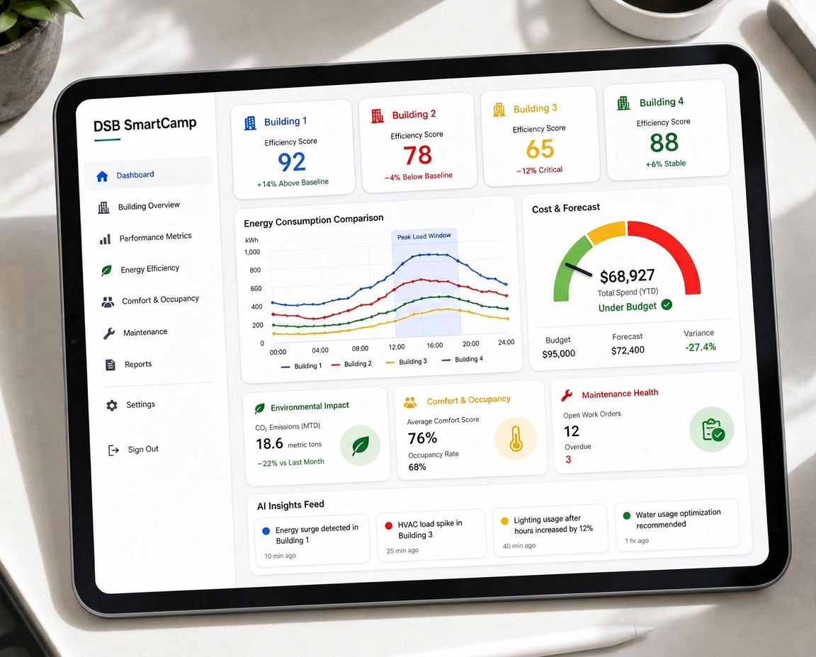 iPad displaying the DSB SmartCamp Building Performance Dashboard
